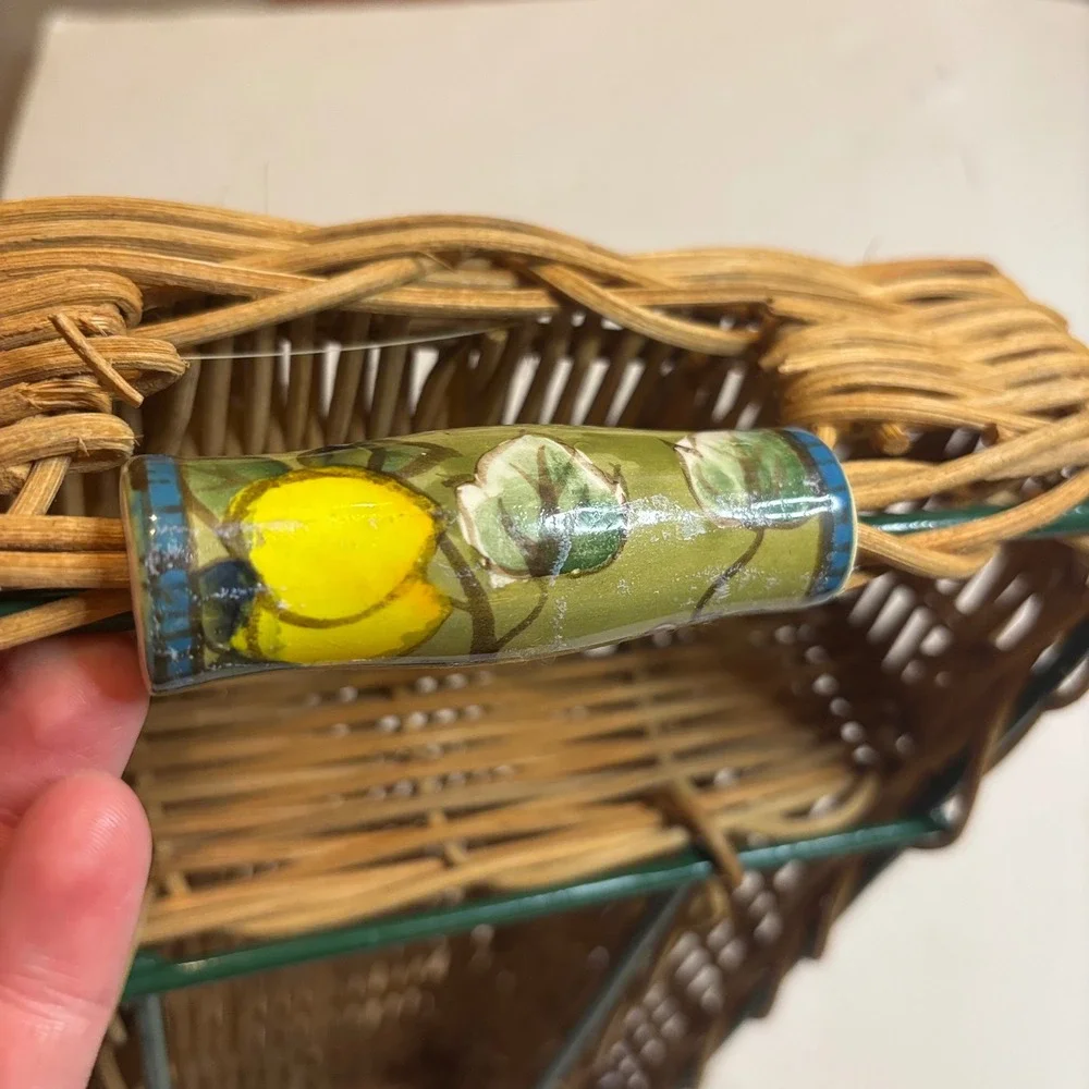 Wicker Utensil Caddy Green Ceramic Handles 4 Compartments Picnic Cottagecore